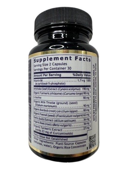 Premier Research Labs BiliVen 60 plant-source capsules bottle back label with Supplement Facts